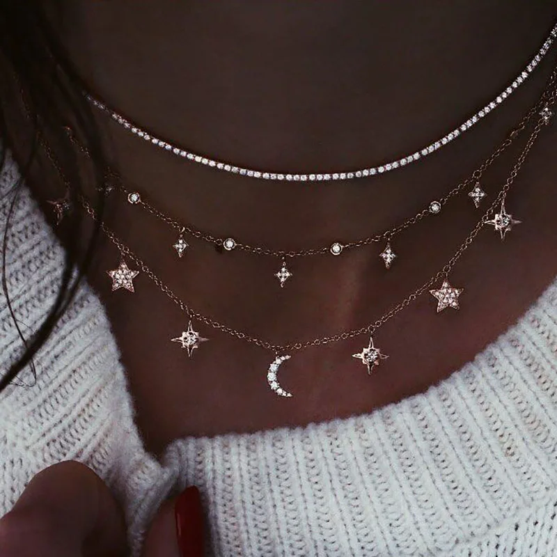 New Multilayer Crystal Moon Necklaces & Pendants For Women Vintage Charm Gold Star Choker Necklace 2019 Bohemian Jewelry Gift