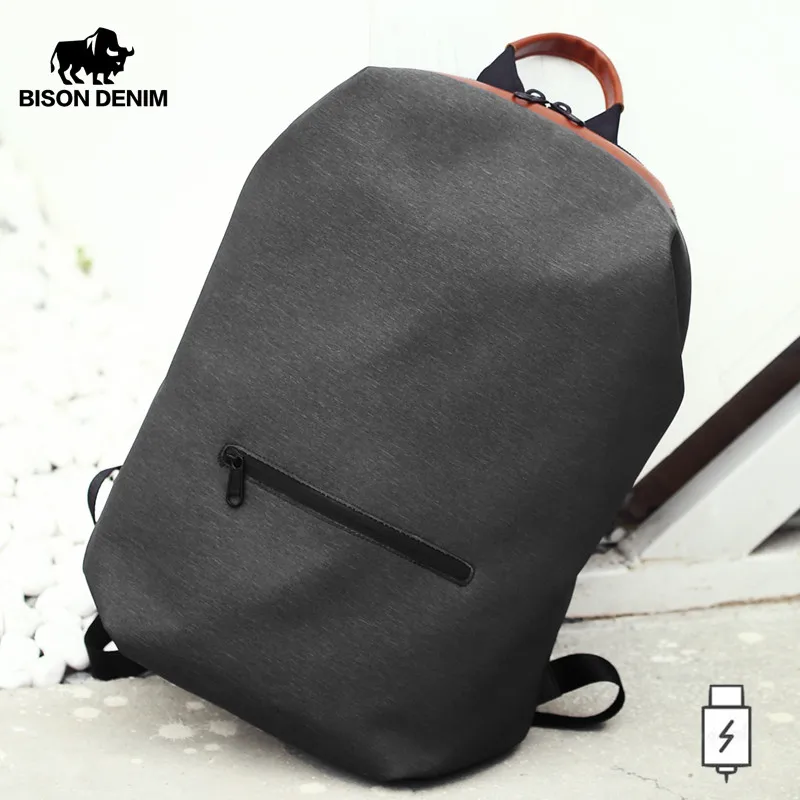 BISON DENIM Men Backpack 15.6 inches Laptop USB Charging Backpack Water Repellent Rucksack School Teenager Mochila N2894