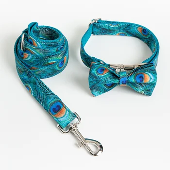 

Personalized Peacocks Pattern Pet Dog Collar Tow Rope Set with Bow Tie & leash For Small Medium Dogs New Fashion Pet Supplies