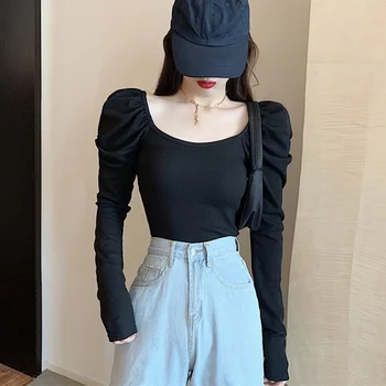 

Knitted Women Sweaterss Sexy Solid Color Square Collar Puff Sleeve Slim Pullovers Fashion Chic Korean Style Fit Basic Sweaters