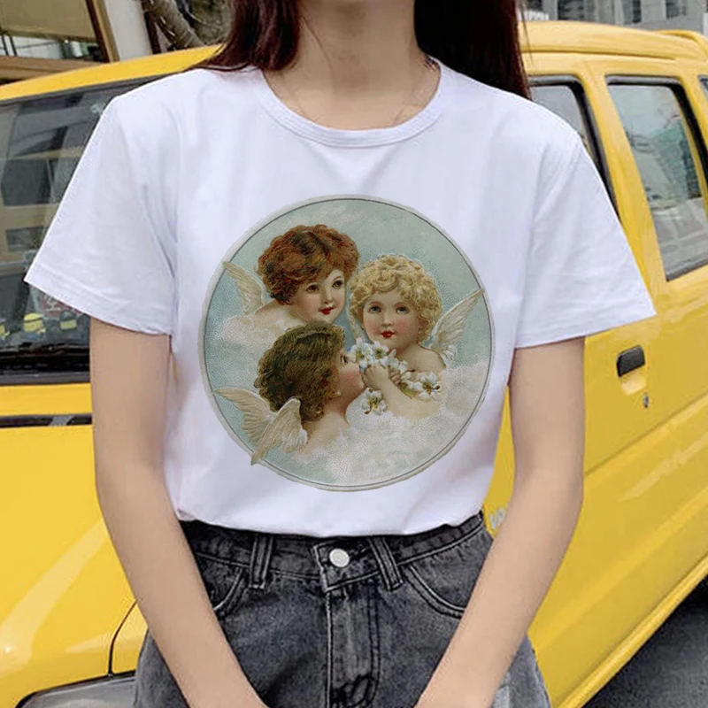 Angel Harajuku Ullzang, женские футболки, Kawaii, забавная мультяшная футболка, 90 s, графический гранж, Милая футболка, корейский стиль, женские футболки