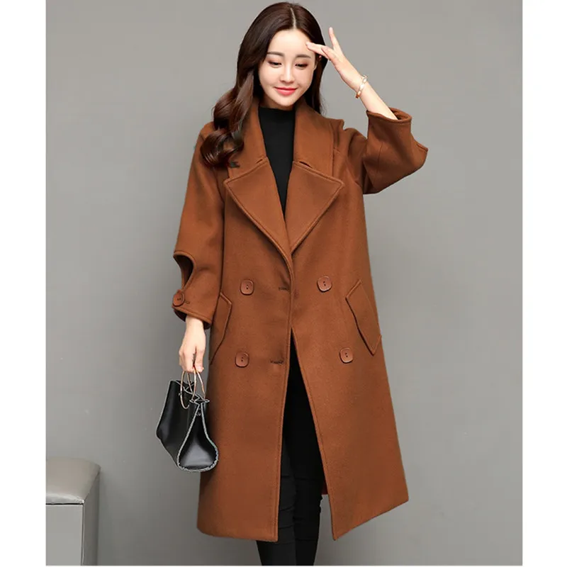 caramel colour UHYTGF, Осеннее зимнее шерстяное пальто, женское двубортное приталенное пальто, чистый цвет, дикие темпераментные повседневные пальто размера плюс 470 - Цвет: caramel colour
