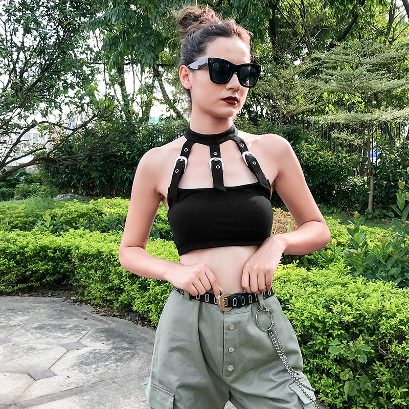 HEYounGIRL с низким вырезом на спине, бикини на бретелях Топ Для женщин сексуальное платье без рукавов Короткие топы, футболки с открытыми плечами, черное готика, Харадзюку летняя верхняя часть