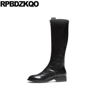 

front zipper round toe black ladies luxury brand shoes women chunky genuine leather equestrian riding knee high block 9 boots