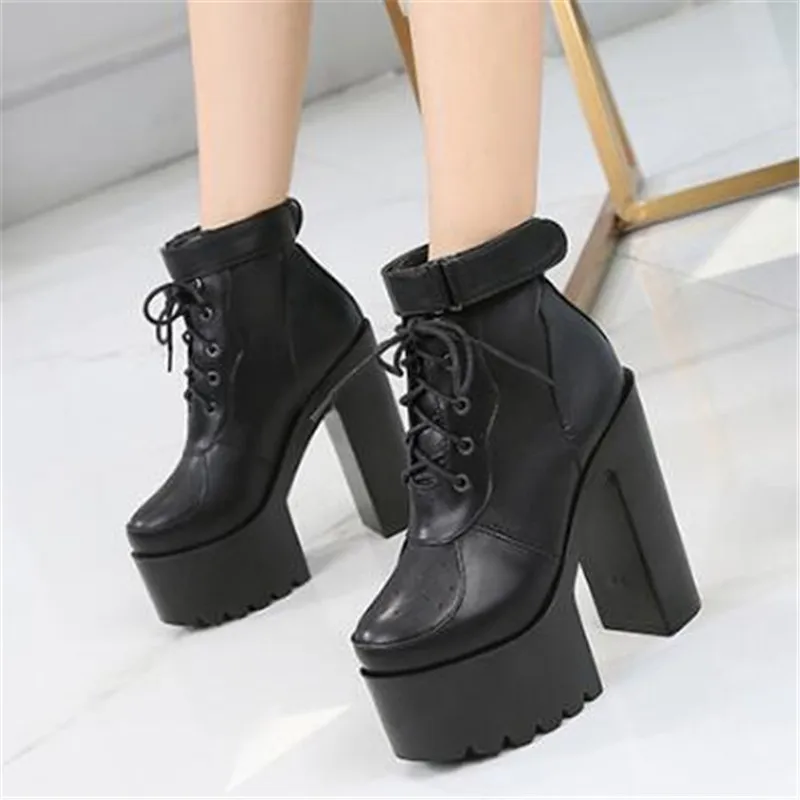 

Fashion Motorcycle Boots Women Leather Autumn Winter Round Toe High Heels Shoes Female Lace-Up Black White Platform Ankle Boots
