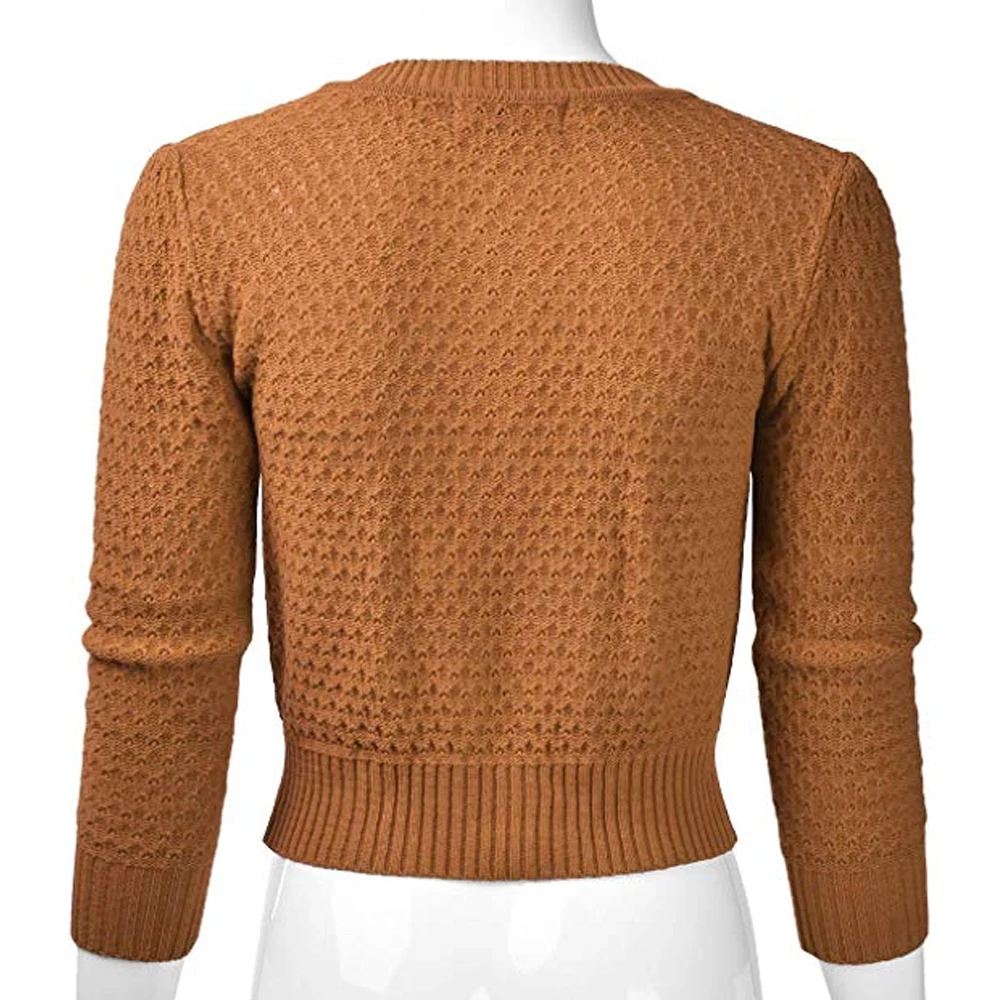 Litthing Ladies Knitted Crop Coat Women Fashion Solid Button Down 3/4 Sleeve Cropped Sweater Cardigan Casual Short Outwear