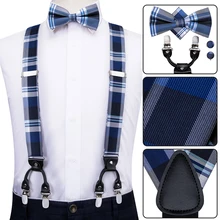 Hi-Tie мужские подтяжки клетчатые модные свадебные различные 6 зажимов вечерние предварительно завязанные бабочка Карманный платок Набор регулируемые синие подтяжки