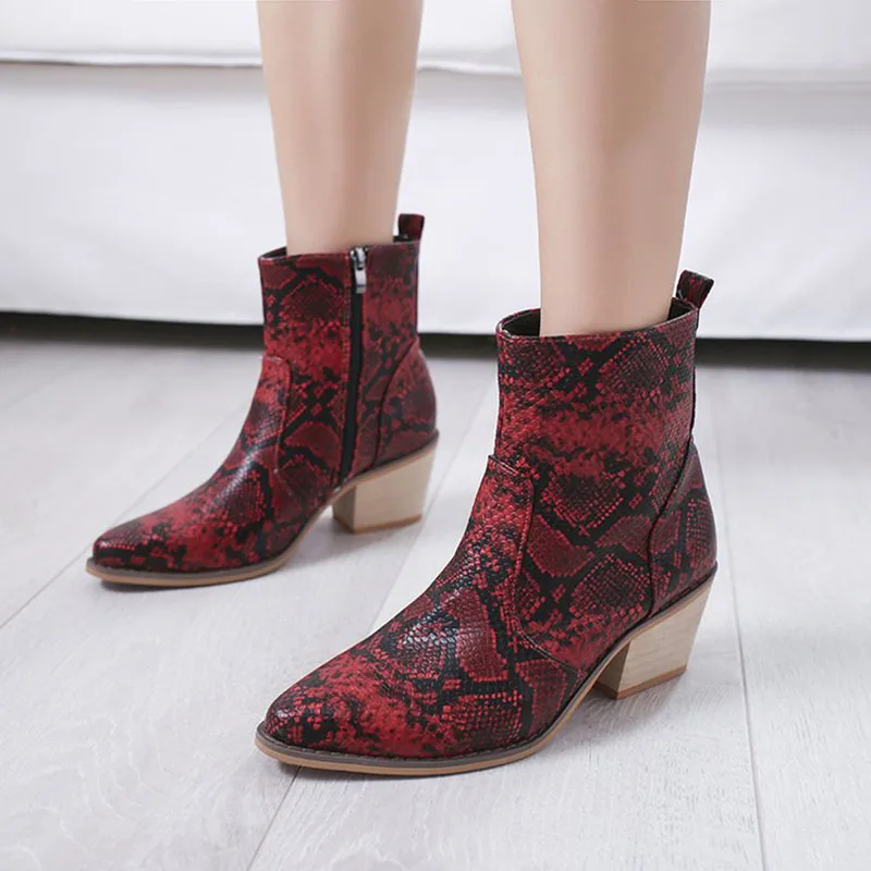 

Autumn Winter Snakeskin Women Shoes Sexy Red PU Leather Ankle Boots Heels 2019 Chelsea Fashion Heel Short Boots Ladies Office