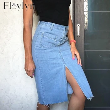 

FLOYLYN Women Casual Straight Denim Midi Skirt Spring Summer With Pocket Slit High Waist Mid-Calf Femininas
