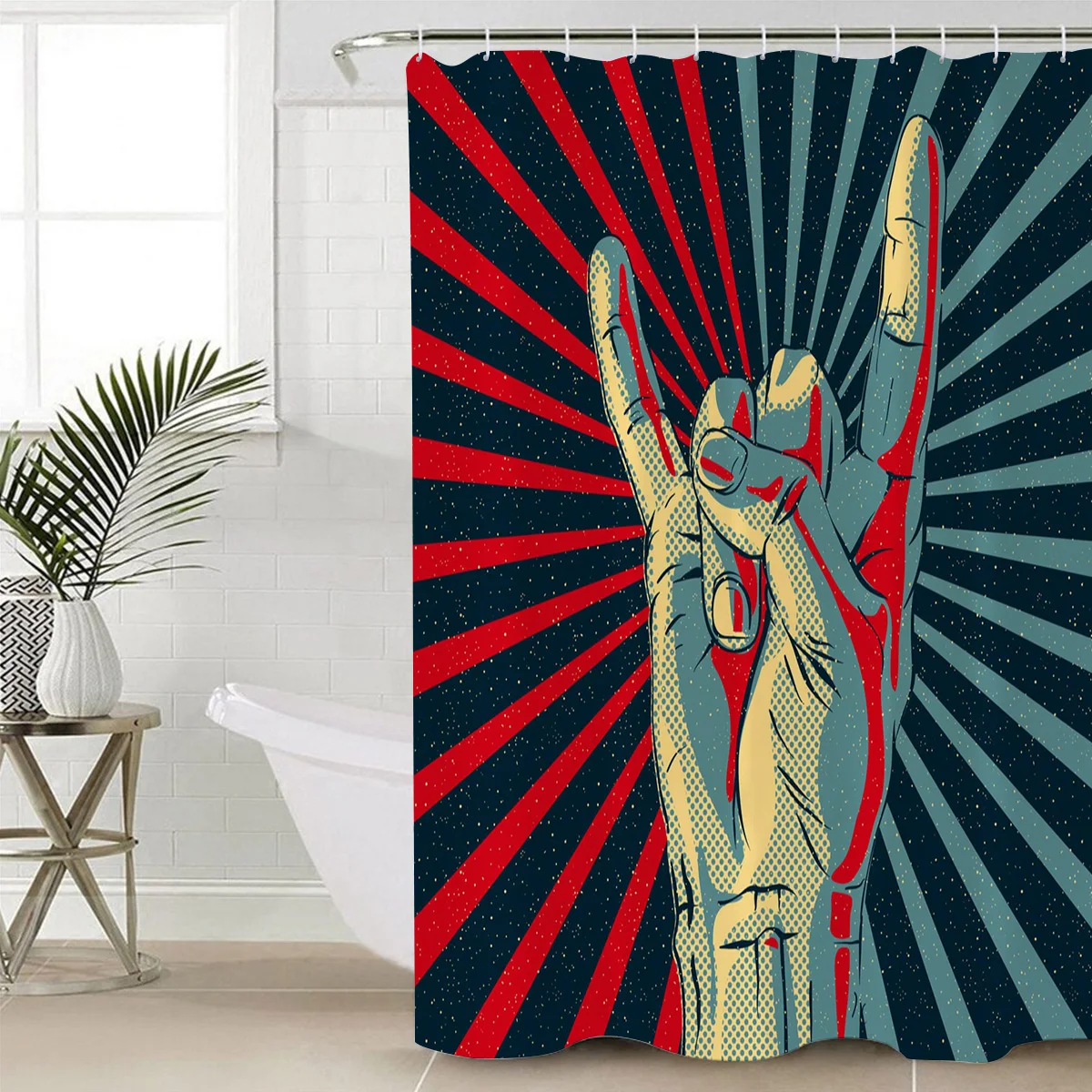 Gesture Arm Red And Blue Hand Striped Finger Gesture Rock Retro Devil Caucasian Cultural Symbol Shower Curtain Bathroom Decor