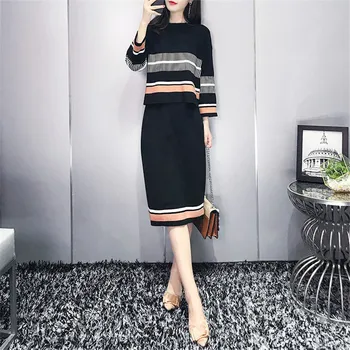 

Women Long Sleeve Pullovers Sweater Tops + Pencil Skirt Suits Elegant Woman Knitted Jumpers Skirts 2pcs Sets Plus Size Clothing