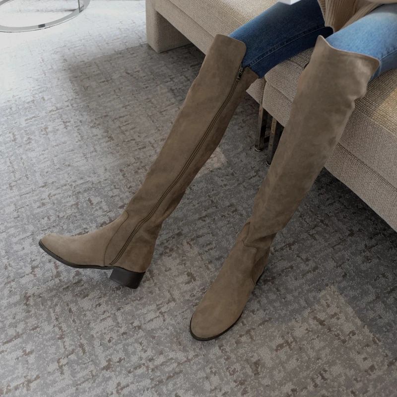 

2020 Fashion Ladies Boots Knee High Heels Autumn and Winter Suede Comfortable Round Head Thick Heel Thigh High Boots Size 33-42