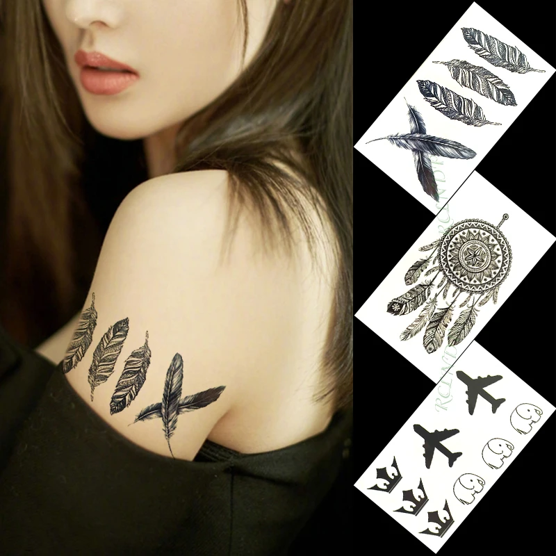 Водостойкая временная татуировка наклейка Мандала хна птица перо боди арт тату флэш-тату поддельные татуировки для девушек женщин мужчин 4 - Цвет: Черный