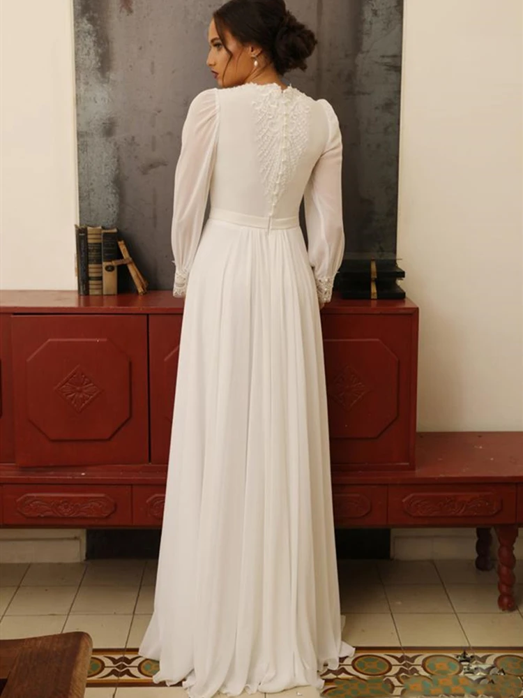 Elegant Long Sleeves Chiffon Wedding Dress 2021 Boho High Neck Floor Length Sheath Vintage Bridal Dress vestido de noiva casual wedding dresses