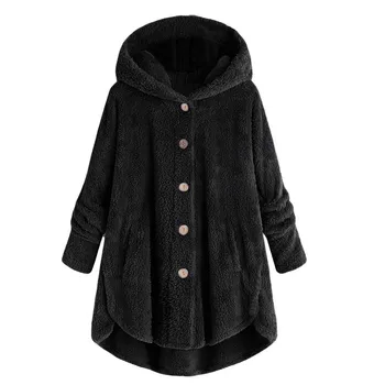 

Women Plus Size Button Plush Tops Hooded Loose Cardigan Coat Winter Jacket Wool Blend Coat Winter Coat Women Bbrigo Mujer C30918