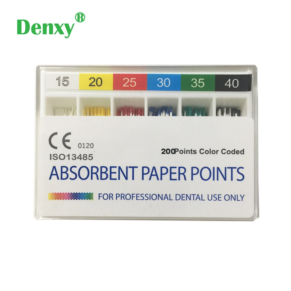 Denxy 5box Dental Absorbent Paper Points Sterile Mixed Size#15-40 Root Canal Endodontics Cotton Fiber Tips Absorption Clean tip