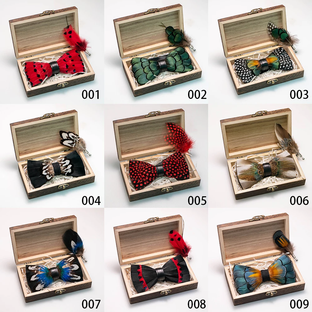 EASTEPIC Handgefertigte Feder-Fliege-Brosche, Holzkiste-Set, exquisite Accessoires für Herren, für Hochzeit, Party, Geburtstag, Geschenk, Krawatte – Detail 4