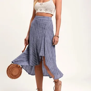 

Blue Plaid Irregular Ruffle Skirt Summer High Waist Casual Beach Long Skirt Women Elegant Moda Mujer 2020 Korean Vintage Skirts
