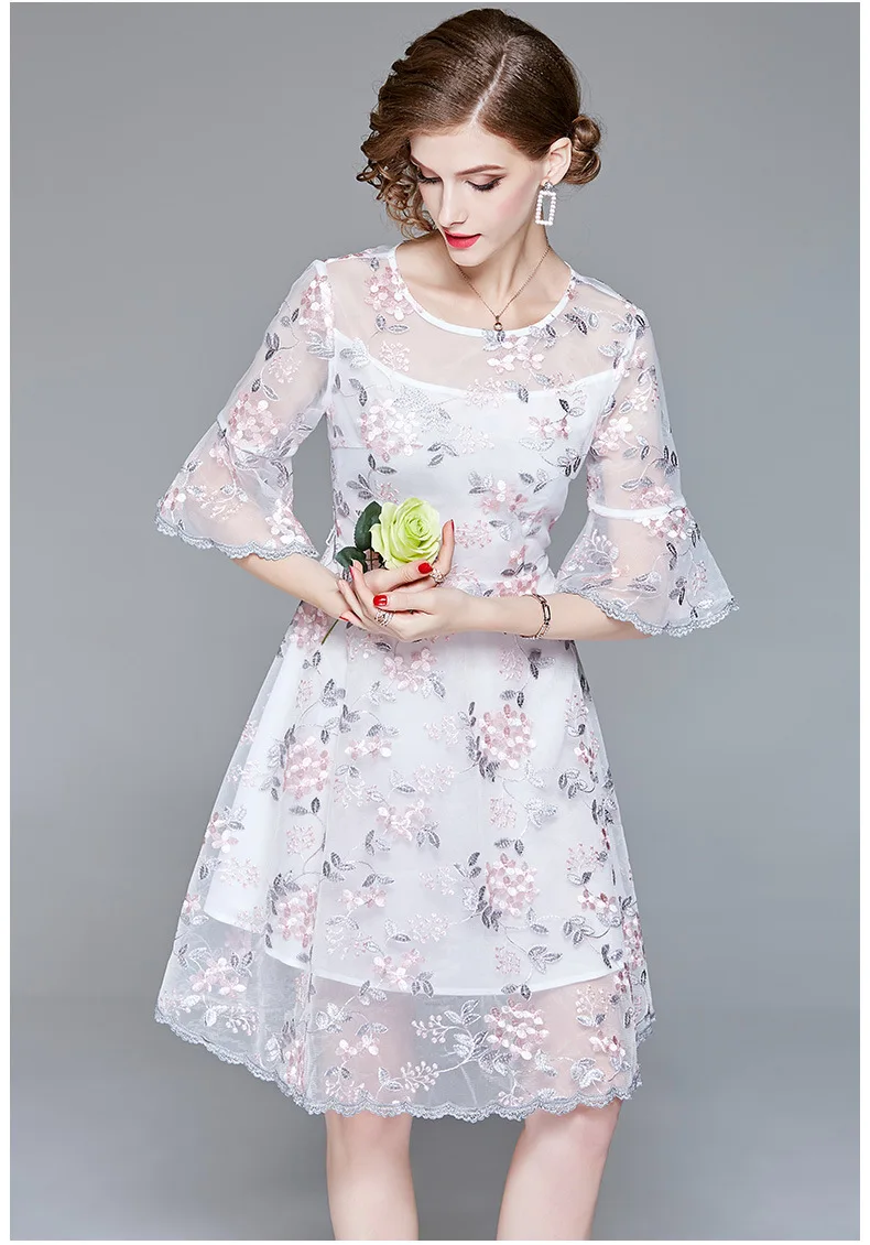 Платье женское элегантное с цветочным узором летнее модное платье с расклешенными рукавами с круглым вырезом тонкое платье длиной до колена Vestidos