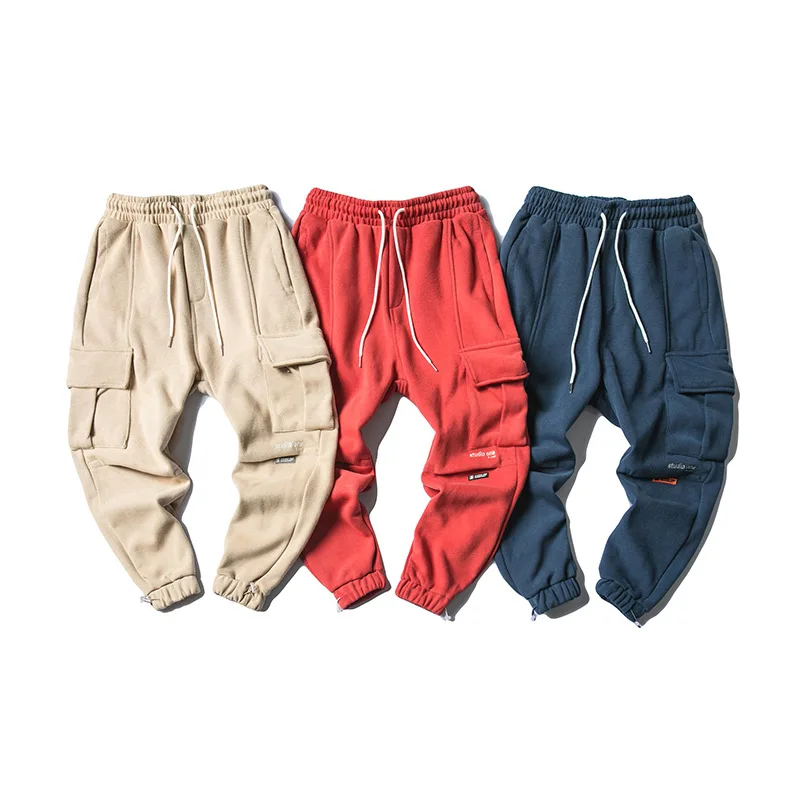 

City Where the Product Winter New Style Multi-pockets Workwear plus Velvet Casual Pants Men's Multi-pockets Lace-up Loose-Fit An