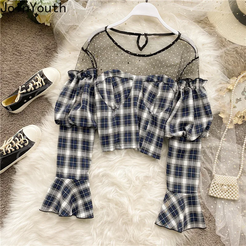 

Joinyouth Dot Mesh Plaid Patchwork Women Blouse Sexy Strapless Puff Long Sleeve Short Shirt 2020 Spring Korean Blusas Top 57722