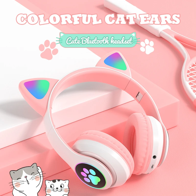 Cute Cat Ears Wireless Headphones With Flash Light Microphone LED Kids Girl Stereo Music Helmet Phone Bluetooth Headset Gift