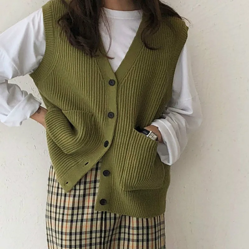 

Knitted Sweater Vest Women Soft Stretchy Simple Basic Daily V-neck Solid Open-stitch Female Street-wear Vintage Korean All-match