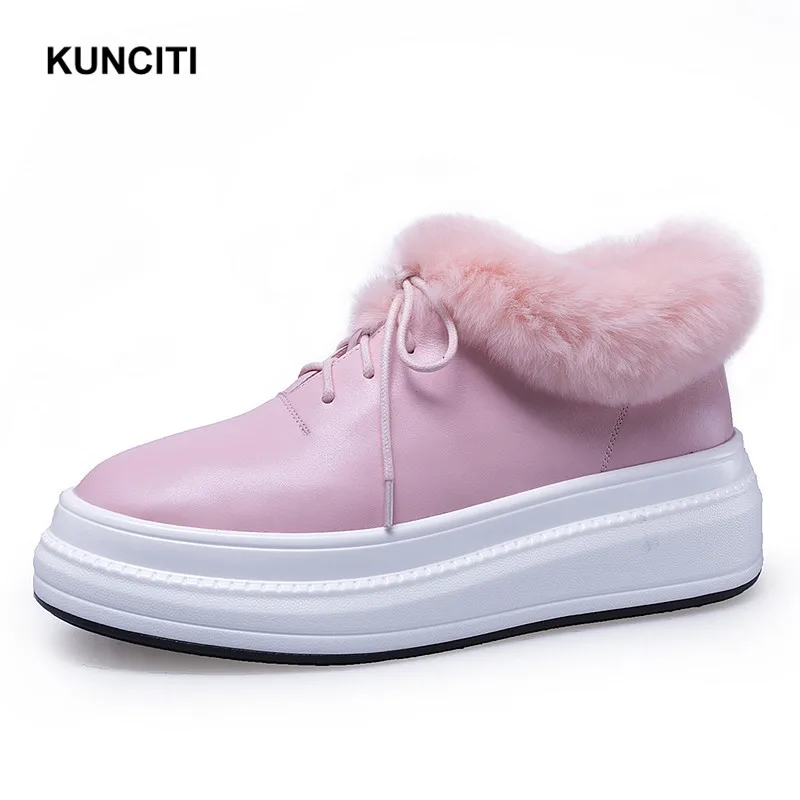 KUNCITI/обувь на толстой мягкой подошве; обувь на платформе; цвет розовый; зимняя обувь из натуральной кожи; женская теплая обувь на шнуровке в западном стиле; цвет черный, бежевый; F9170