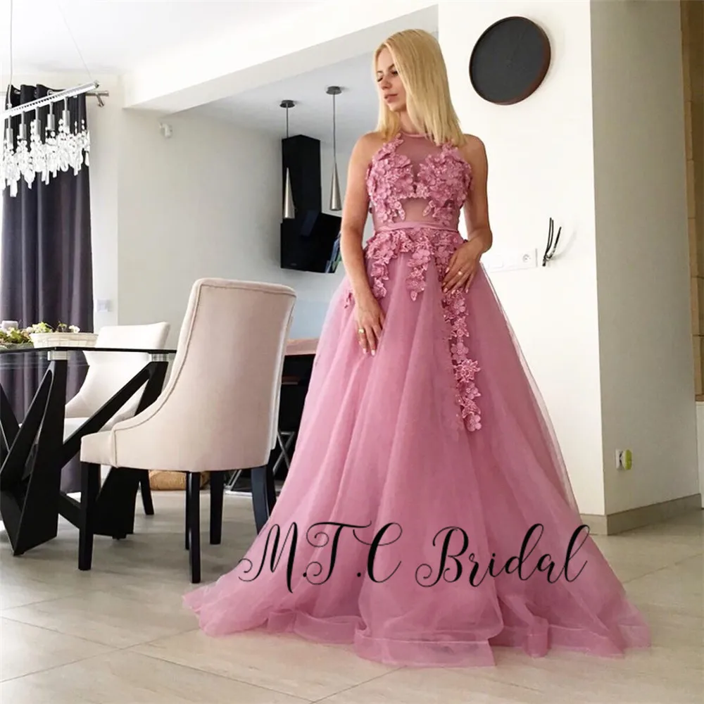 Photo Color Dusty Rose цветы платья с открытой спиной на выпускной а линия развертки поезд длинное официальное платье из тюли под заказ халат De Soiree дешево - Цвет: Photo Color