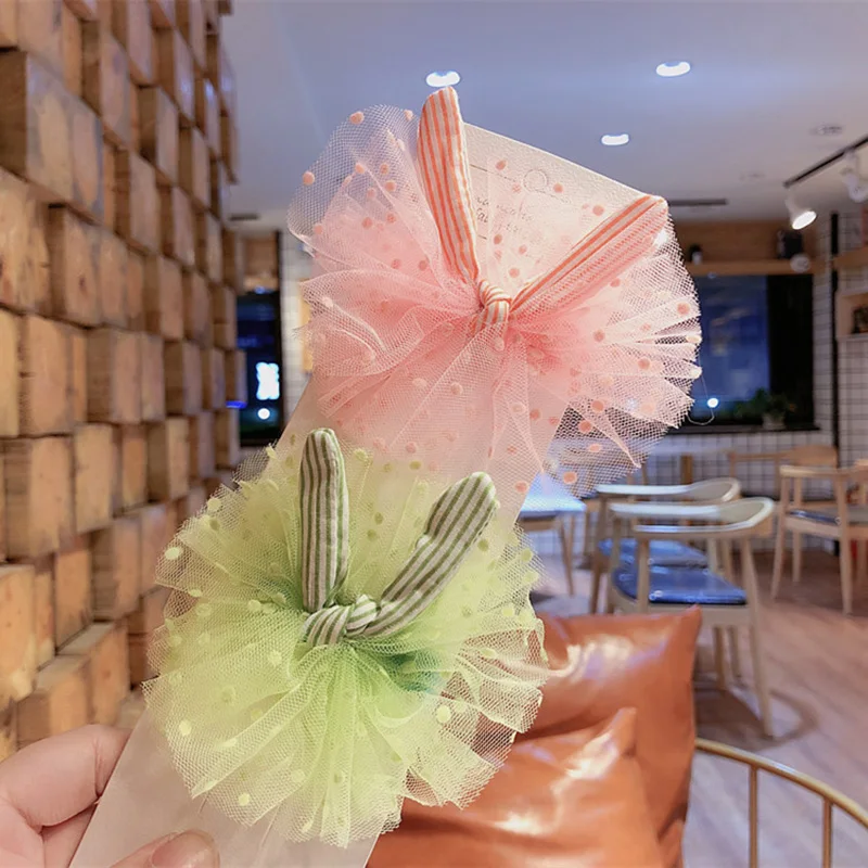 

Princess Striped Rabbit Ears Lace Hair Bows for Girls Korean Fashion Net Yarn Hair Clips Barrettes for Kids Hair Accessories