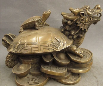 

free shipping<<<<12" Chinese Bronze Copper Longevity Shou Dragon Turtle On Coin YuanBao Statue