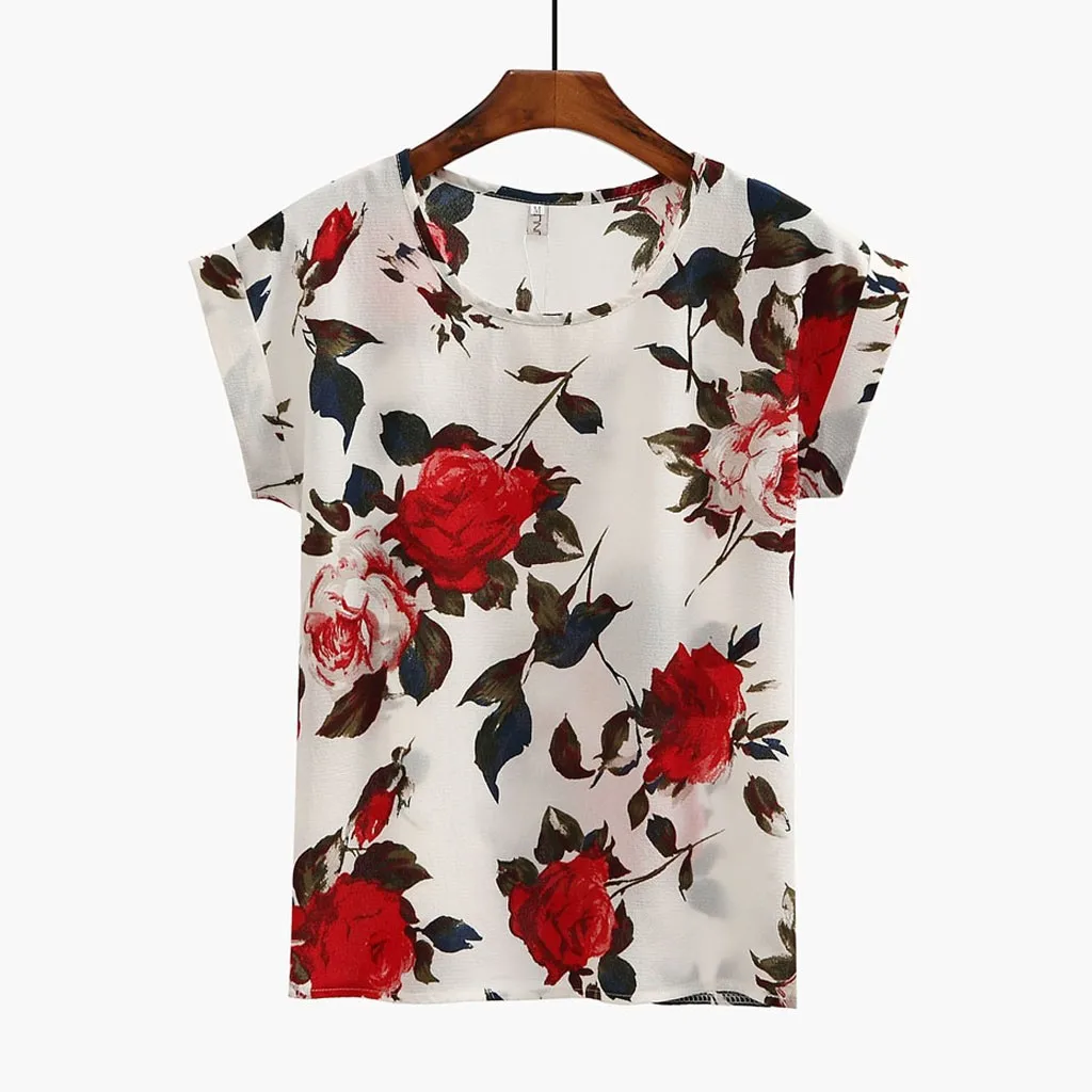 Fashion Floral Print Blouse Pullover Ladies Chiffon Blouses Shirts Vintage Printed Casual Short Sleeve Women Tops Summer 4