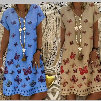 

2020 Europe and America Hot Selling Fashion Hot Selling Short Sleeve V-neck Butterfly Flower Mid-length Dress