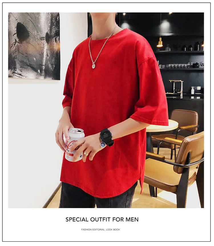 Мужская футболка с коротким рукавом, корейский стиль, круглый вырез, Свободный Летний рукав, чистый цвет, мужская рубашка, платье, новый