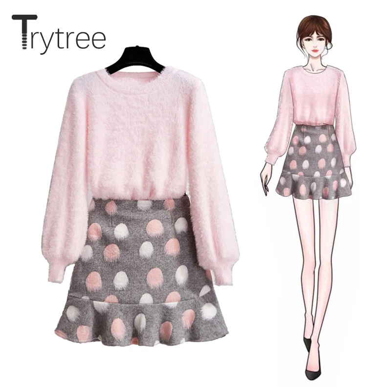 Trytree осенне-зимний комплект из двух предметов Повседневный Топ с круглым вырезом и рукавами-фонариками+ юбка мини-трапеция Модный комплект для офисной Леди комплект из 2 предметов