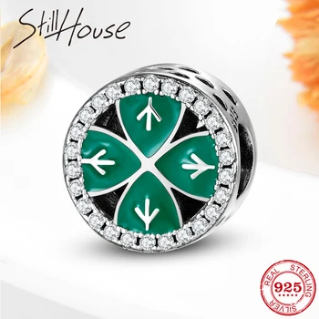 

2019 Real 925 Sterling Silver Green enamel Lucky Clover Charms Beads Fits Original European Charm Bracelet DIY Jewelry Making