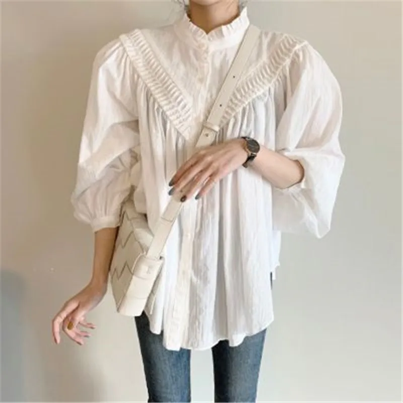 

Chic Elegant Fashion Simple Solid Shirt for Ladies Elegant Ruffles Shirt 2020 New Early Autumn Simple Design Shirt Autumn Shirt