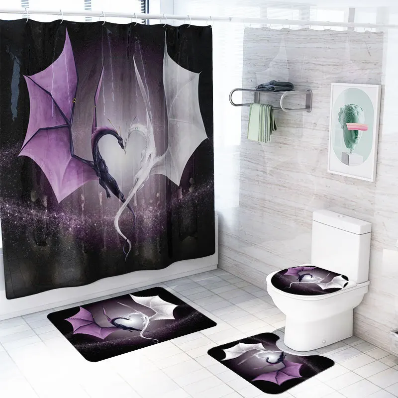 Dragon Flying 3D Shower Curtain Purple Bathroom Curtains Rug Sets Toilet Cover Bath Mat Set