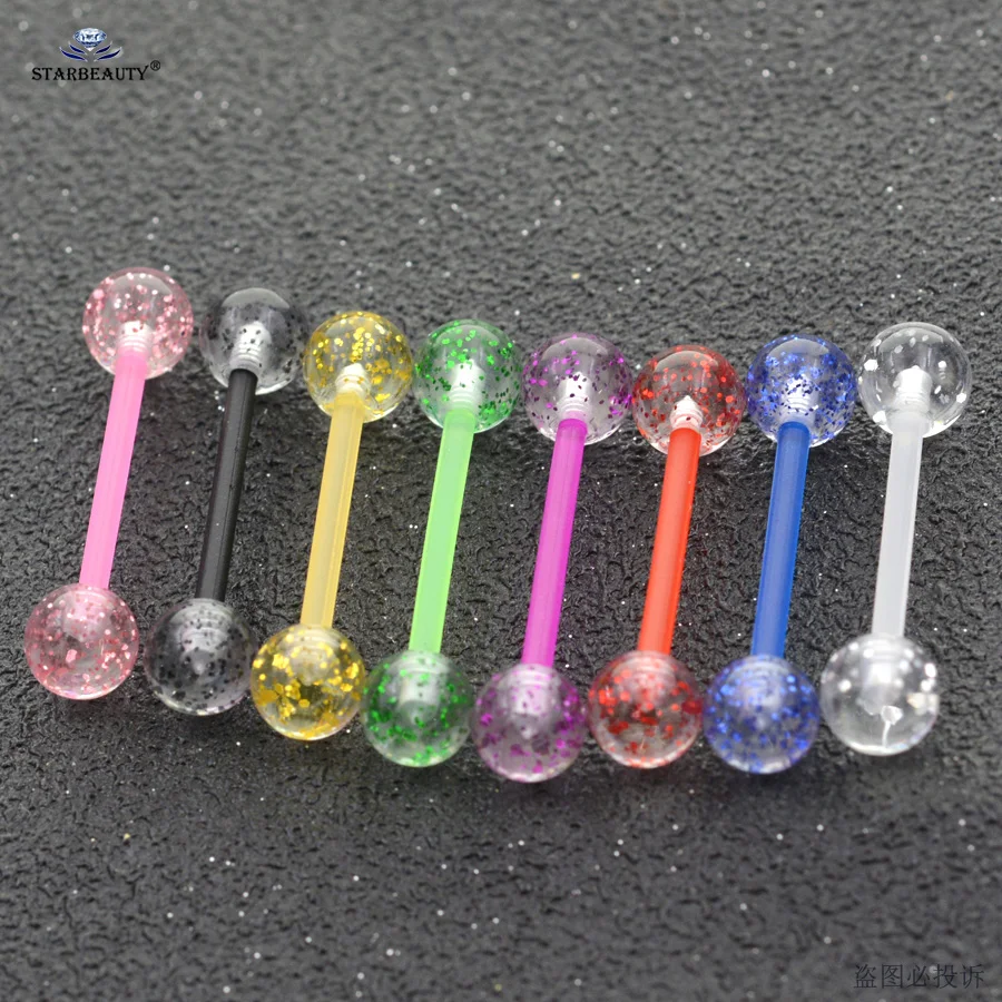 piercing jewelry body piercing jewelry body jewelry 8Pcs/Lot Soft Acrylic Barbell Sexy Tongue Piercing Tongue Rings Flashing Powder Plastic Nipple Ring Ear Body Jewelry