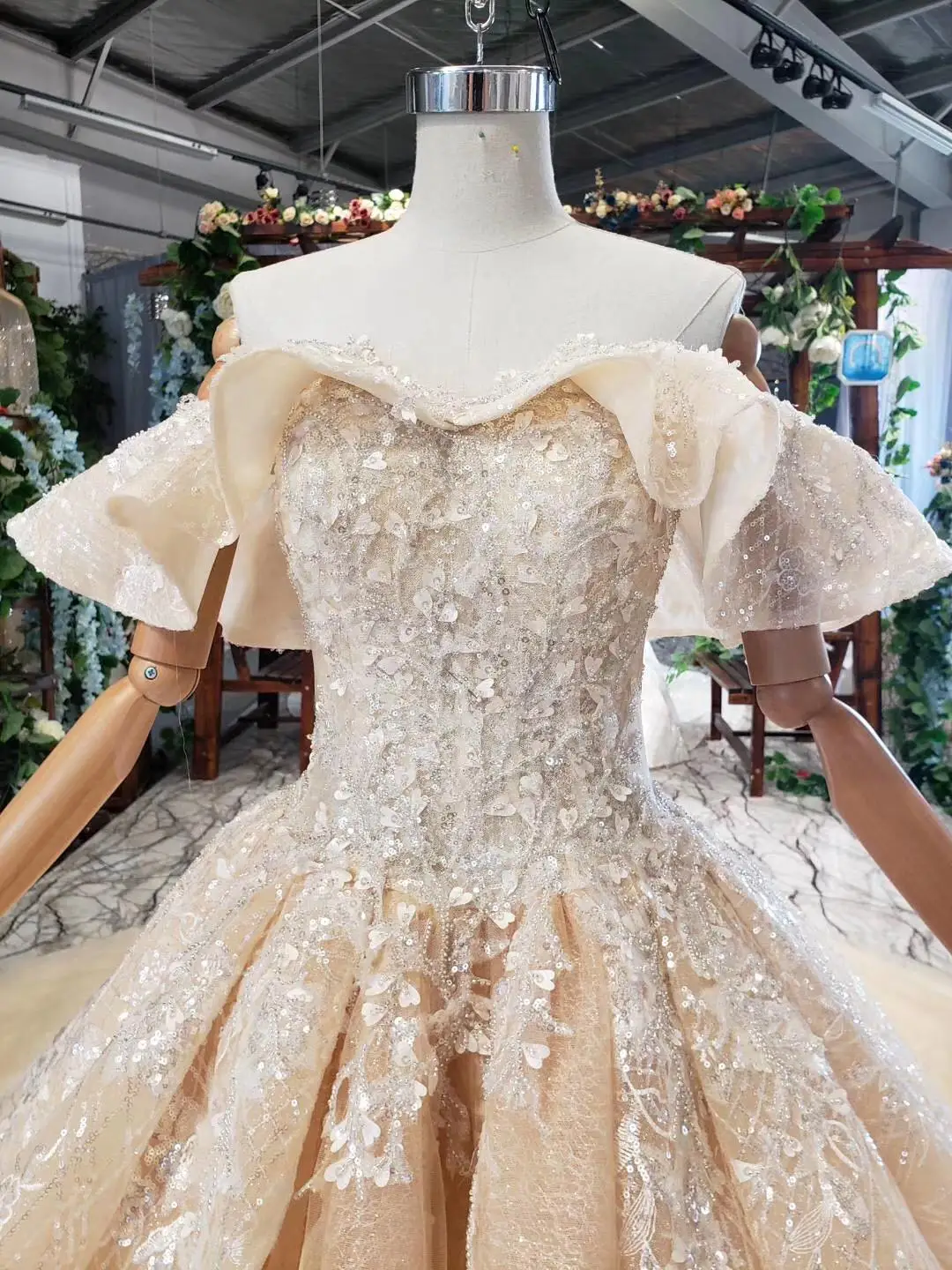 Сексуальное Пышное Бальное Платье с открытыми плечами, свадебное платье из тюля с кристаллами и бусинами, свадебное платье, винтажное кружевное свадебное платье принцессы - Цвет: Шампанское