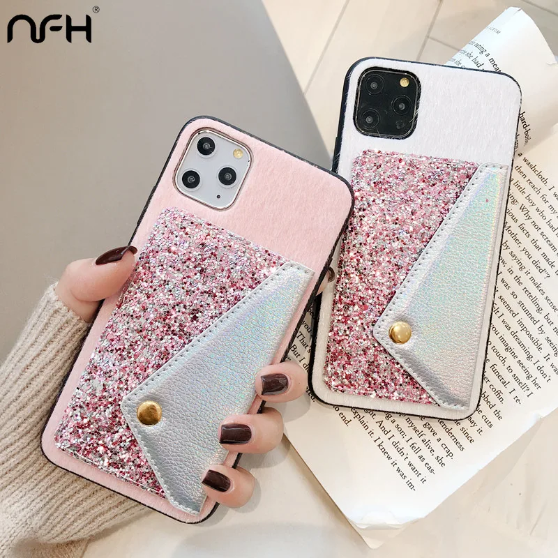 

Fashion Plush Silicone Phone Case For iPhone 11 Pro XS Max 6 6S 7 8 Plus Bling Glitter Wallet Cover For iPhone On X XR 11 Shell