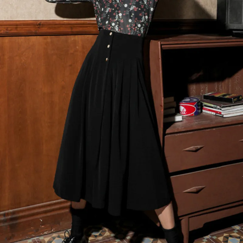 LANMREM Midlength Skirt Autumn New Solid Color Button Temperament High Waist A-line Spring Long Skirt 19B-a224