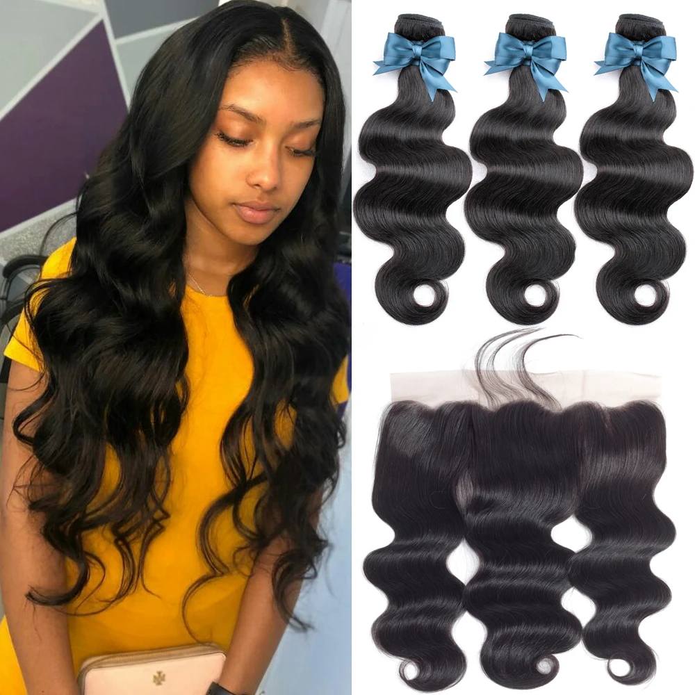 

BEAUDIVA Human Hair 3 Bundles With Frontal Closure Peruvian Hair Body Wave 13x4 Ear to Ear Lace Frontal Closure With Bundles