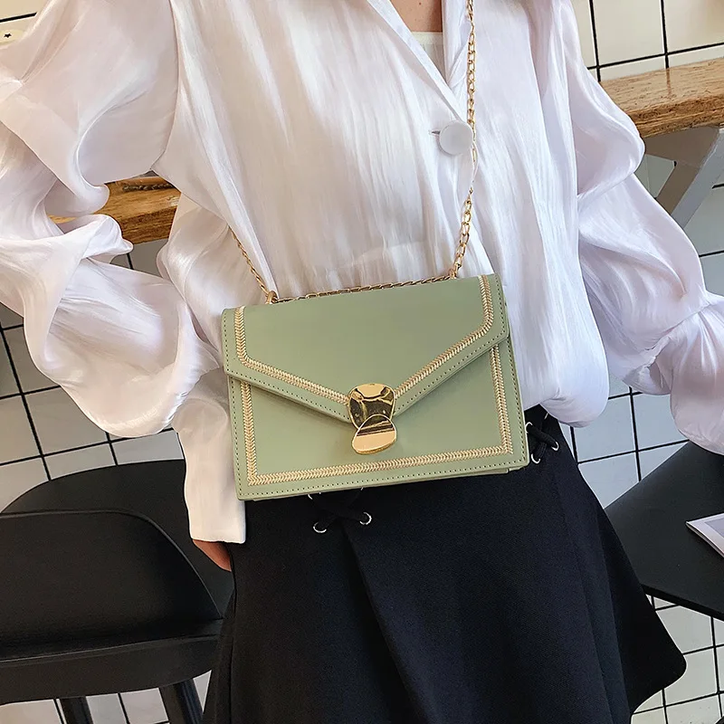 

New 2019 New Style Korean-style Wheat Embroidered Square Sling Bag Simple Chain Square Sling Bag Textured Shoulder Oblique WOMEN