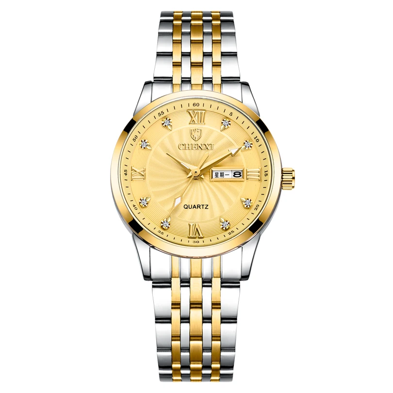 Women Golden CHENXI новые часы для пары Роскошные Брендовые женские или мужские часы кварцевые часы с датой недели наручные часы женские водонепроницаемые часы Montre Femme - Цвет: Women Golden