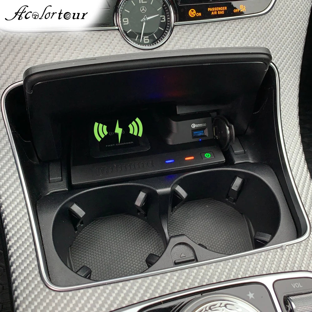 Car wireless charger phone stand for Mercedes Benz C Class W205 C180 C200 C260 GLC for AMG C43 C63 cup holder charging support