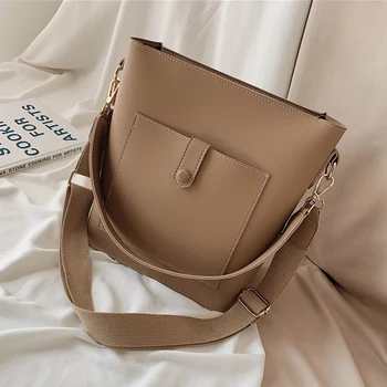 

Burminsa Vintage Grained Bucket Shoulder Bags For Women Wide Strap Ladies Messenger Bags Large Capacity Female Composite Bags