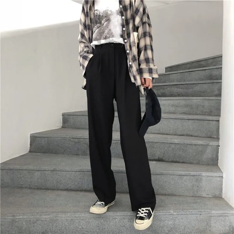 

2019 Women Retro Leisure Long Trousers Korean Zipper Chic Pockets Daily Loose Pants Solid Simple Wide Leg Pants