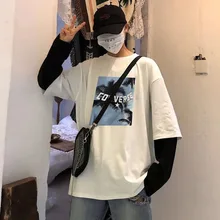 Coconut tree Print Fake two White Black Patchwork Men T shirt Long Sleeve Casual Couple Clothes Autumn oversized women tops 2019 Coconut tree Print Fake two White Black Patchwork Men T shirt Long Sleeve Casual Couple Clothes Autumn oversized women tops 2019