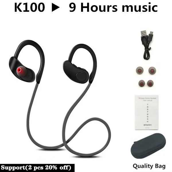 K100 Black Спортивные Bluetooth наушники, беспроводные наушники, Bluetooth гарнитура, водонепроницаемый шумоподавитель с микрофоном для телефонов android ios - Цвет: K100 Black